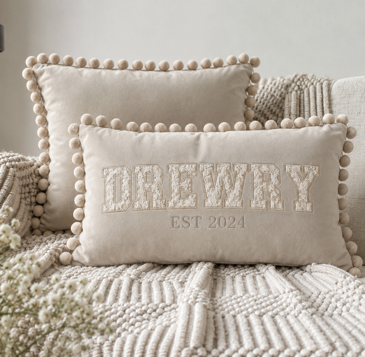 The Wedding Dress Keepsake Pom Pom Velvet Cushion - 2 sizes