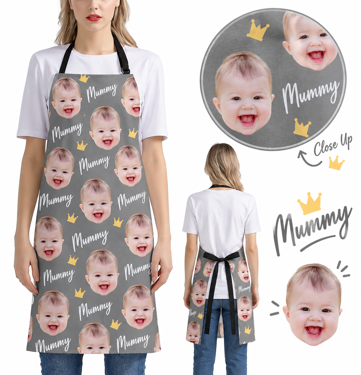 A customizable baby shower apron featuring a repeating pattern of a baby's face, the word 'Mummy', and small gold crowns on a gray background. Shown on a model from the front and back, with circular close-up detail insets.
