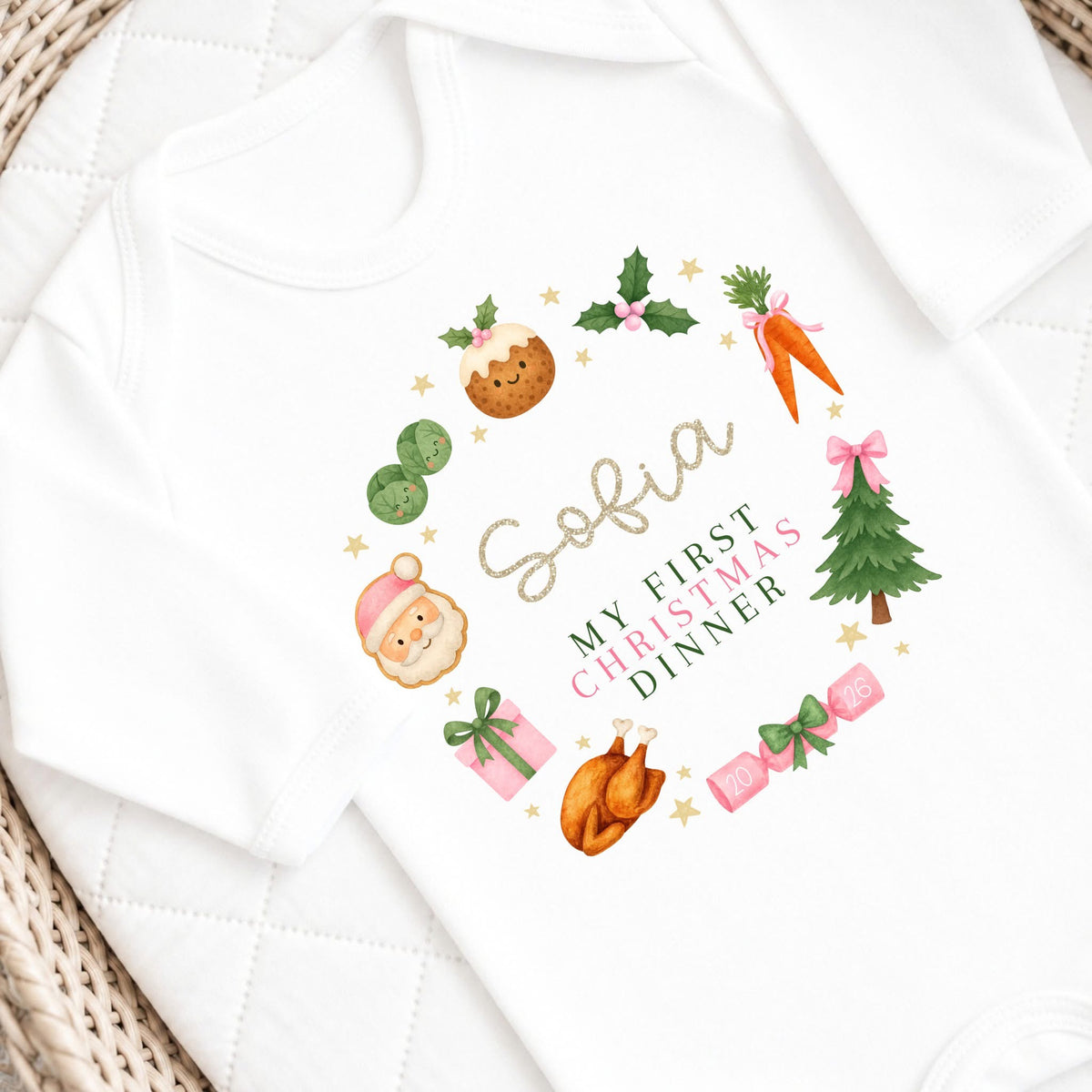 Personalised Christmas Baby Grow 'My First Christmas Dinner' - Long Sleeved