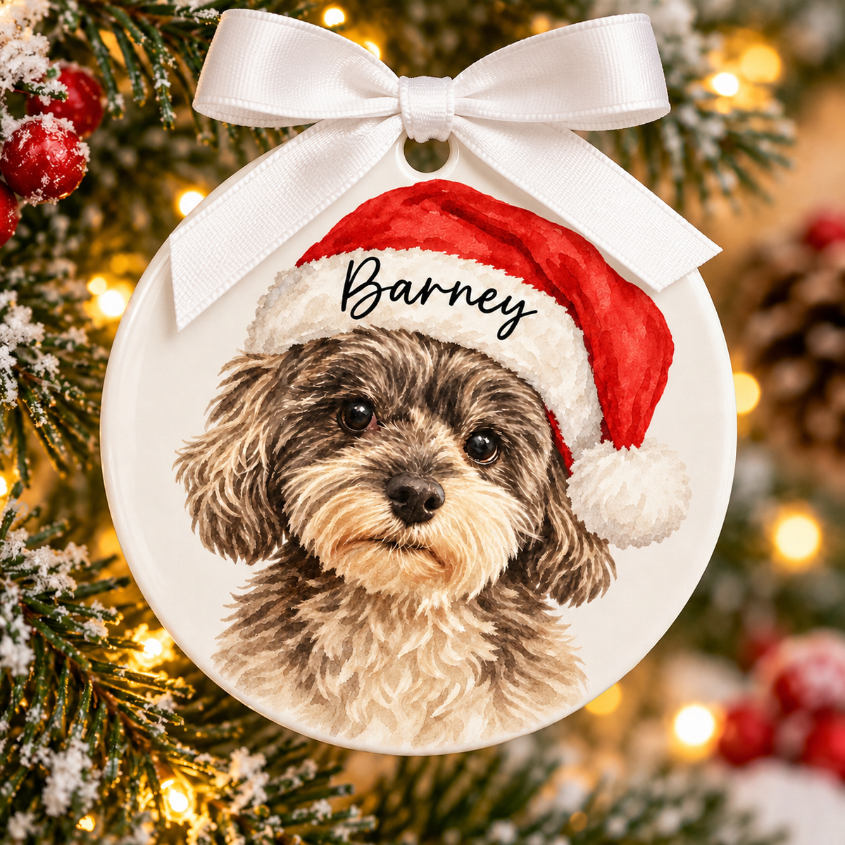 Personalised Christmas Bauble - Pets Portrait with Santa Hat